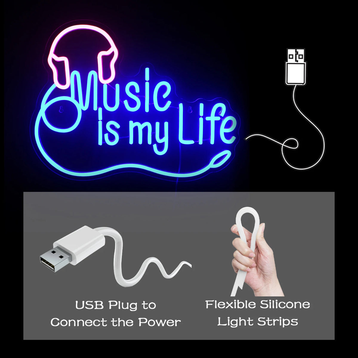 Music is my Life – Auscultadores – letreiro de néon LED (5 V USB)