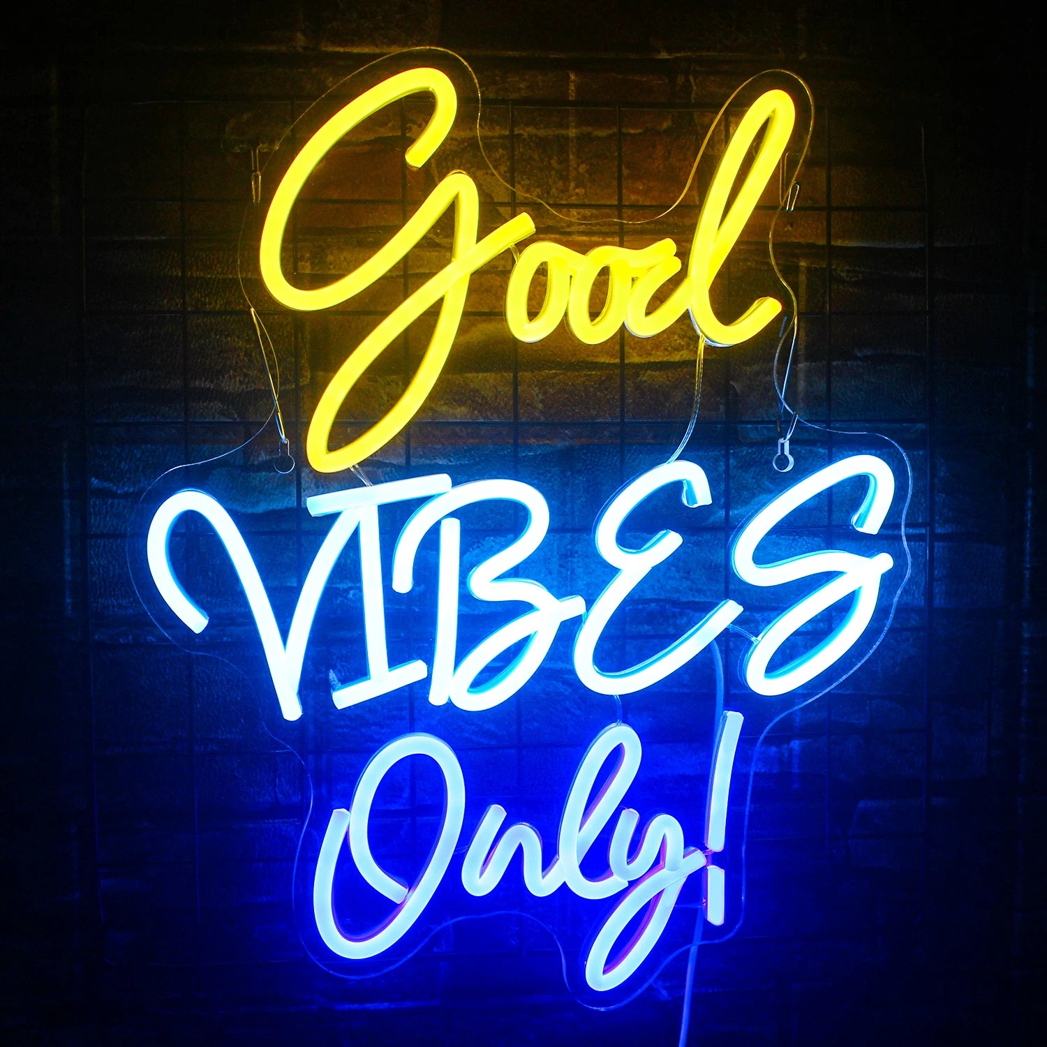 The image displays a bright and vibrant "Good Vibes Only" LED neon sign.