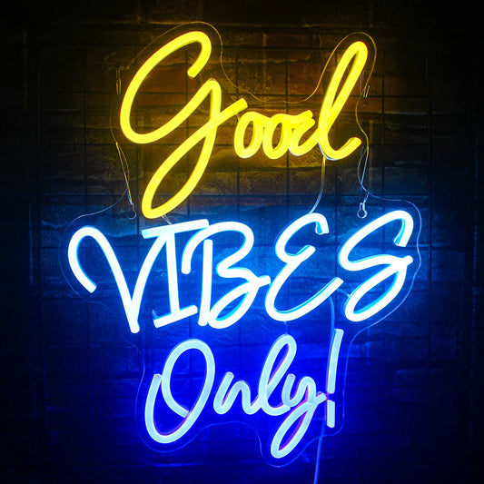 The image displays a bright and vibrant "Good Vibes Only" LED neon sign.