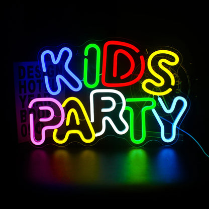 The image displays a vibrant LED neon sign designed for a kids' party.