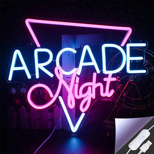 The image features a vibrant LED neon sign shaped like the words "Arcade Night.