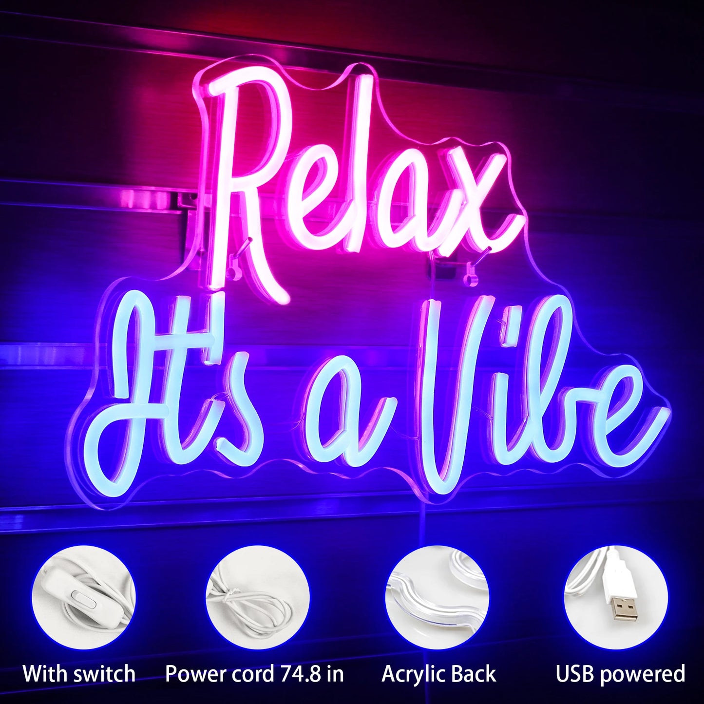 Letreiro de LED "Relax It's a Vibe" 5V USB - Econômico
