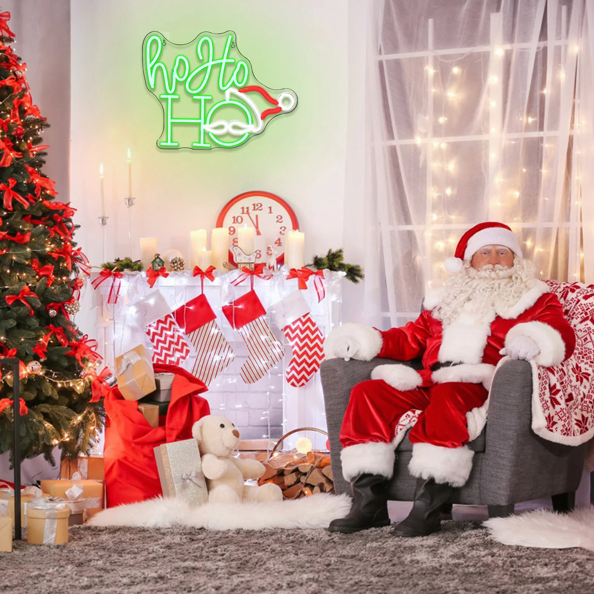Ho Ho Ho – Cara e gorro do Pai Natal – letreiro de néon LED (5 V USB)