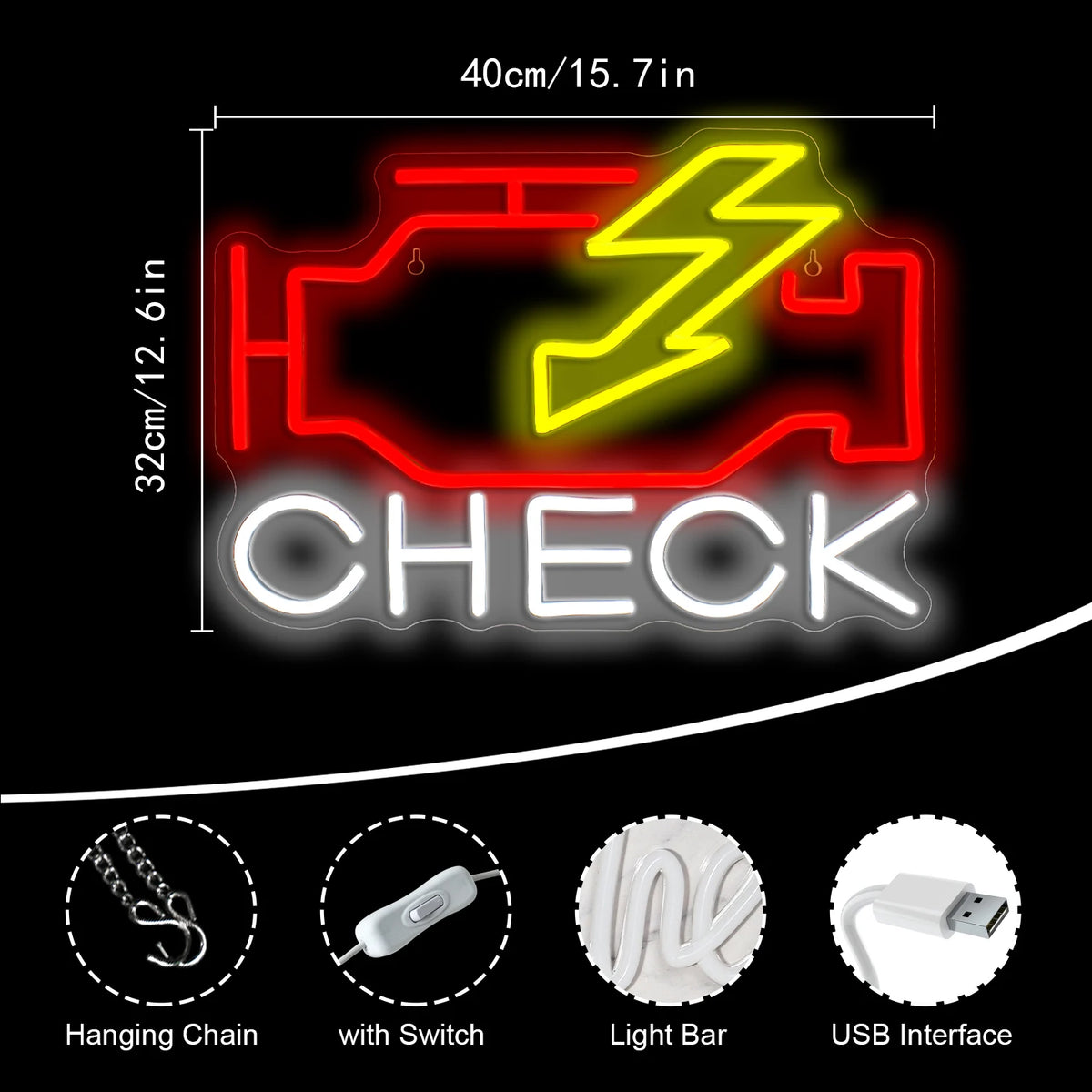 CHECK – Símbolo de avaria do motor e raio – letreiro de néon LED (5 V USB)