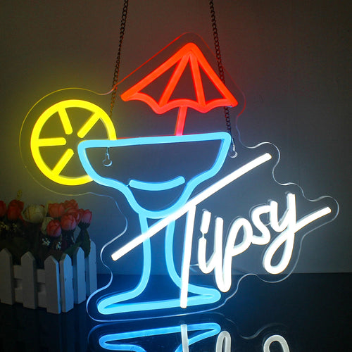 Tipsy – Copo de cocktail com sombrinha e rodela de citrino – reclame luminoso em néon LED (5 V USB)