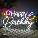 HAPPY Birthday – Estrela e símbolos coloridos – letreiro de néon LED (5 V USB)