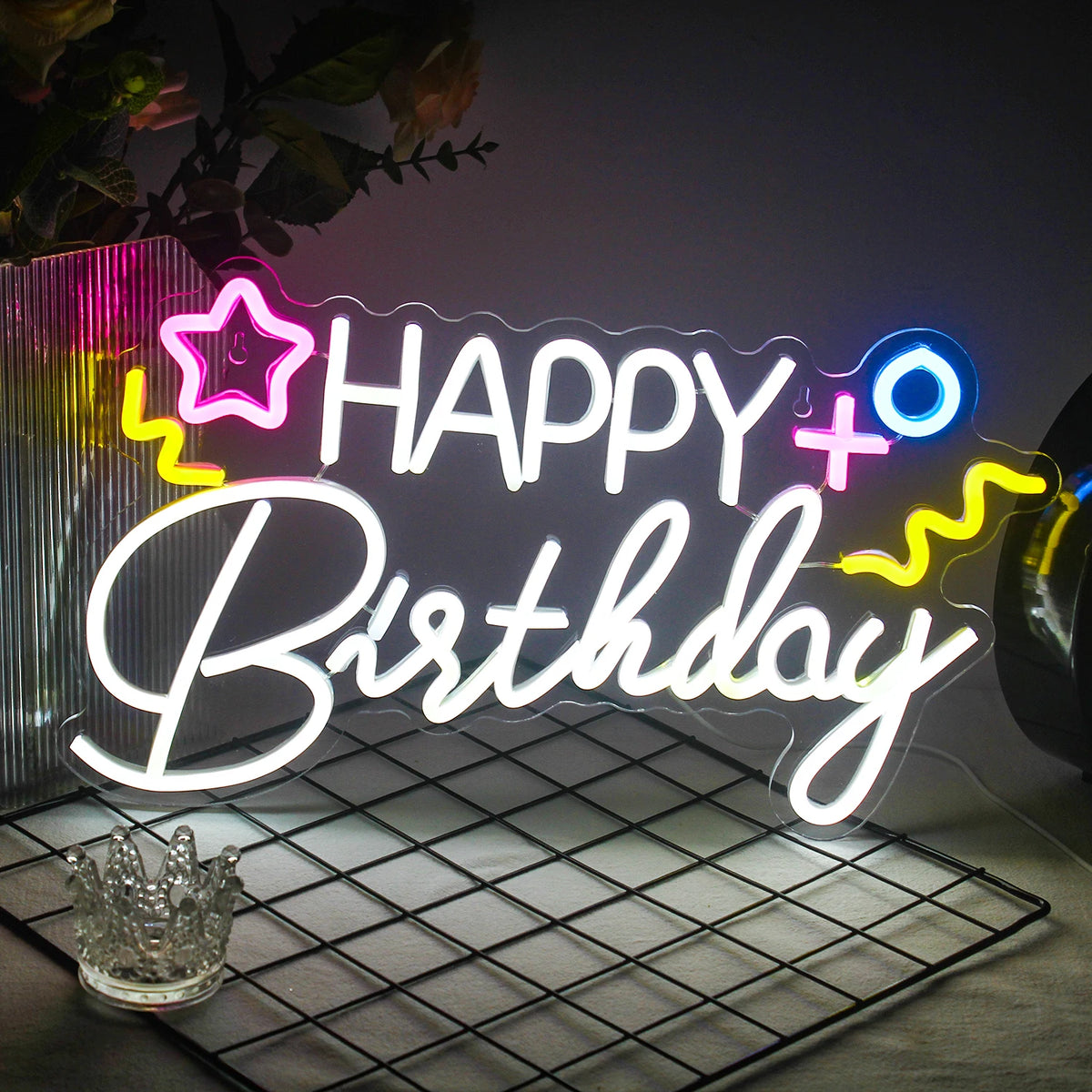 HAPPY Birthday – Estrela e símbolos coloridos – letreiro de néon LED (5 V USB)