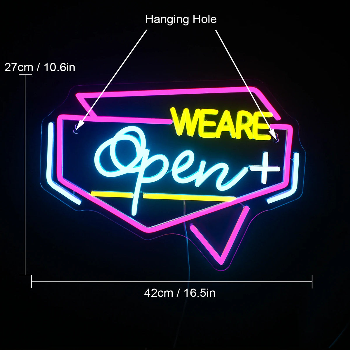 WE ARE Open + – Moldura geométrica – reclame luminoso em néon LED (5 V USB)