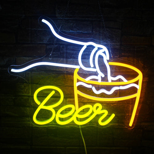 A imagem exibe uma vibrante placa de LED neon feita à mão que diz "Beer Bar" em letras brilhantes e chamativas.