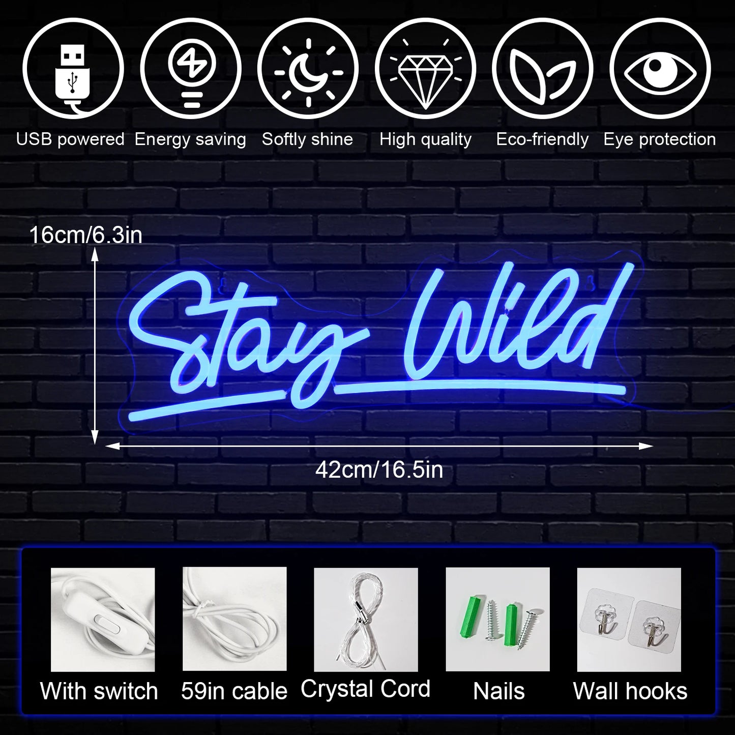 Letreiro de LED "Stay Wild" 5V USB - Econômico