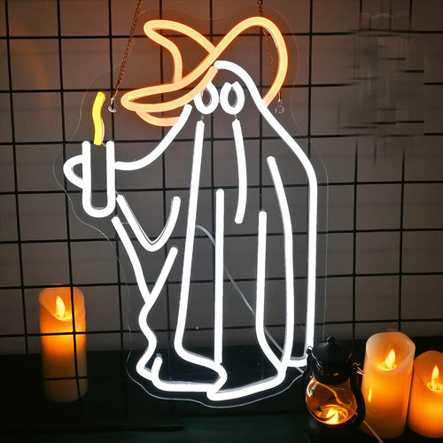 A imagem mostra uma vibrante placa de LED neon fantasma.