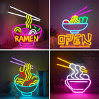 A imagem mostra uma vibrante placa de LED neon feita à mão representando uma tigela estilizada de ramen.