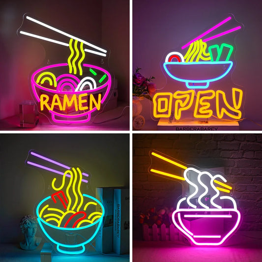 The image showcases a vibrant, handmade LED neon sign depicting a stylized bowl of ramen.