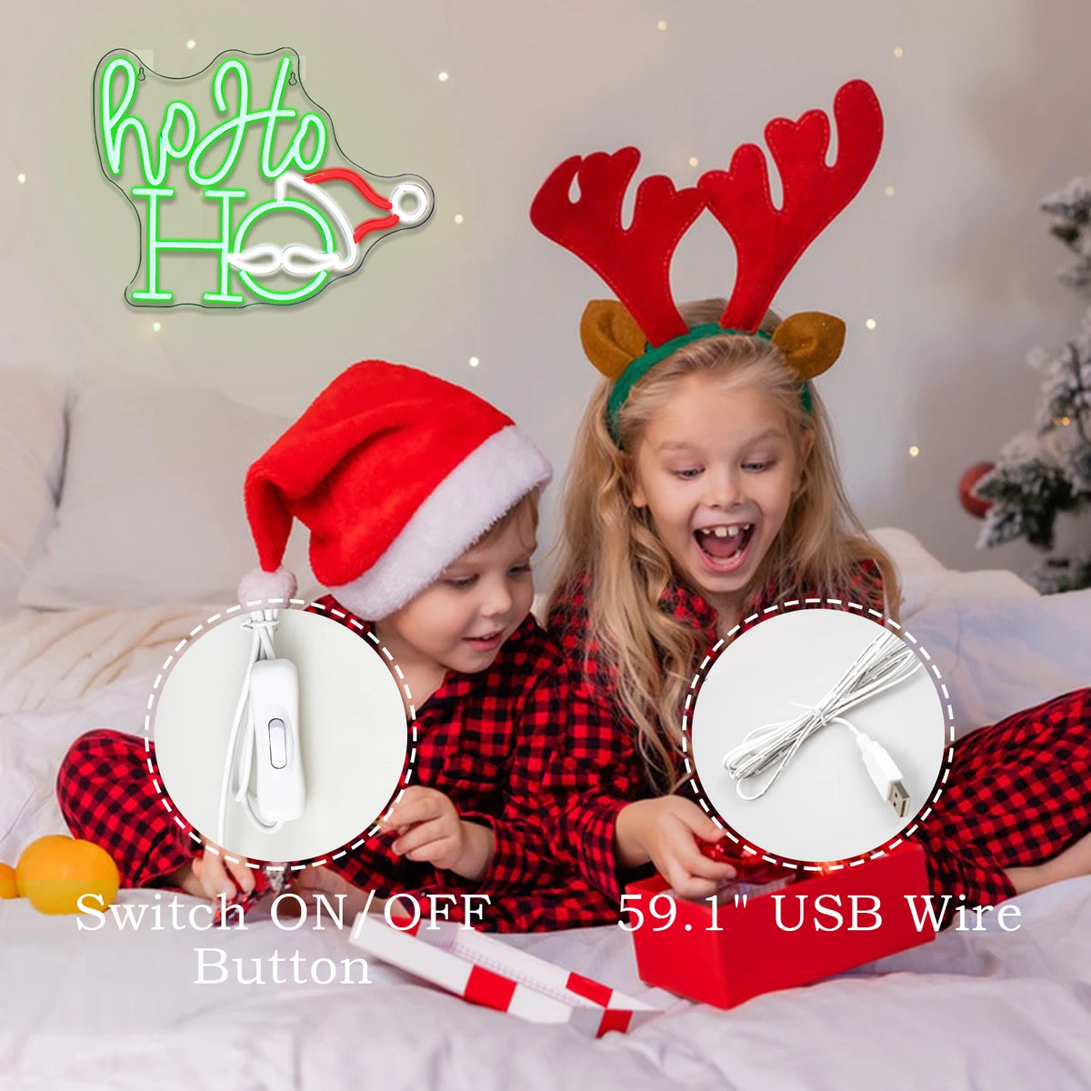 Ho Ho Ho – Cara e gorro do Pai Natal – letreiro de néon LED (5 V USB)