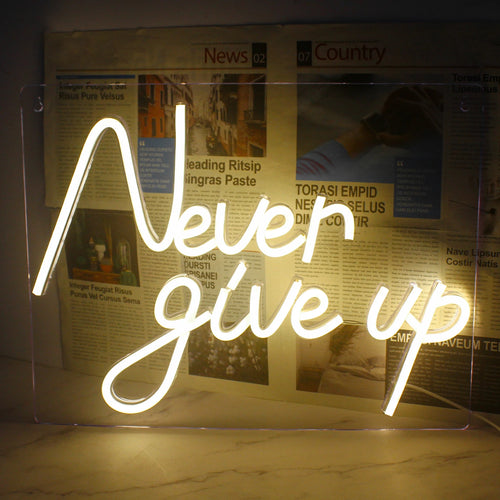 A imagem apresenta uma vibrante placa de LED neon exibindo a frase motivacional "Never Give Up" em letras cursivas em negrito.