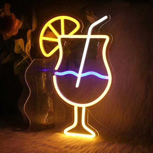 A vibrant LED neon sign in the shape of a classic drink cup, complete with a straw.