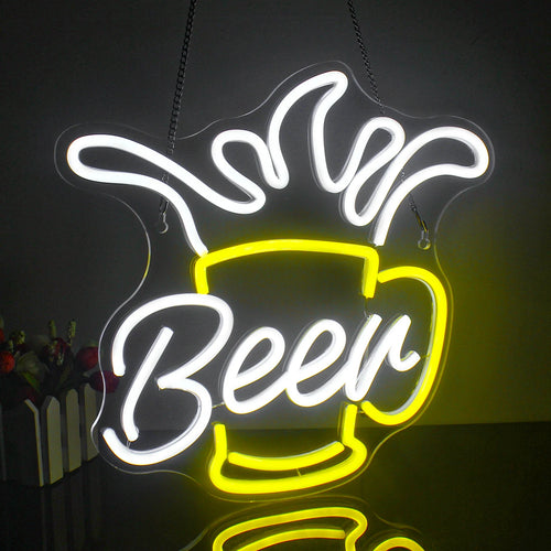 A imagem apresenta um letreiro de LED neon vibrante em formato de uma caneca de cerveja espumosa.