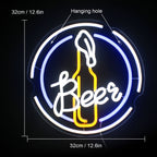 Beer – Garrafa de cerveja numa moldura circular – reclame luminoso em néon LED (5 V USB)