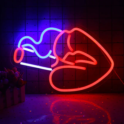 **Alt Text:** A vibrant LED neon sign depicting the lower half of a stylized woman's face.