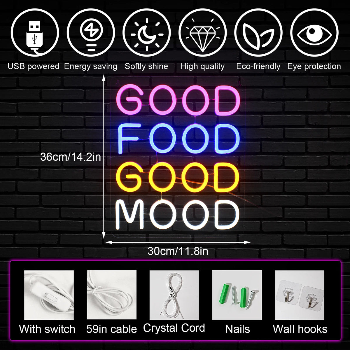 Good Food Good Mood – reclame luminoso em néon LED (5 V USB)