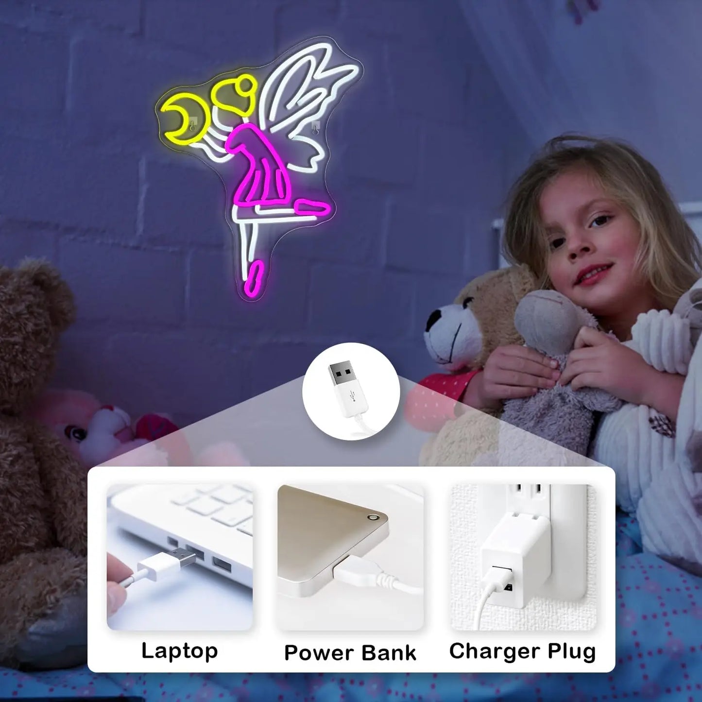 Flying Fairy Moon 5V USB LED Neon Sign - Budget Friendly