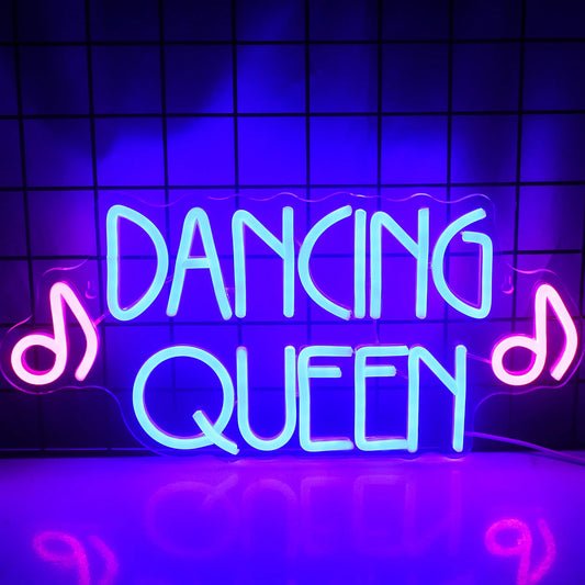 A vibrant LED neon sign displaying the words "Dancing Queen" in bold, flowing script.