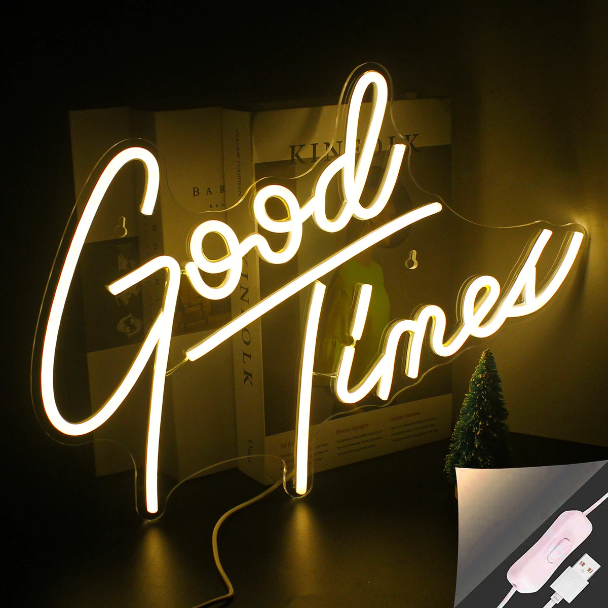 Good Times 5V USB neon sign with its USB power lead