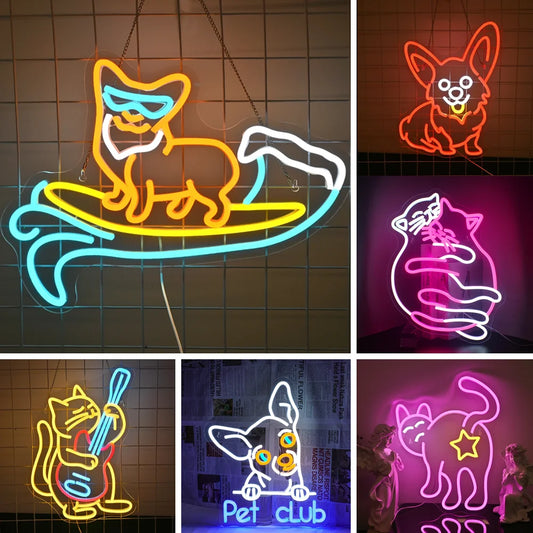 The image features a handmade LED neon sign in the shape of a corgi dog, designed with vibrant neon lights.