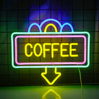 A imagem apresenta um elegante letreiro de LED neon no formato de uma xícara de café fumegante.