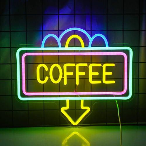 A imagem apresenta um elegante letreiro de LED neon no formato de uma xícara de café fumegante.