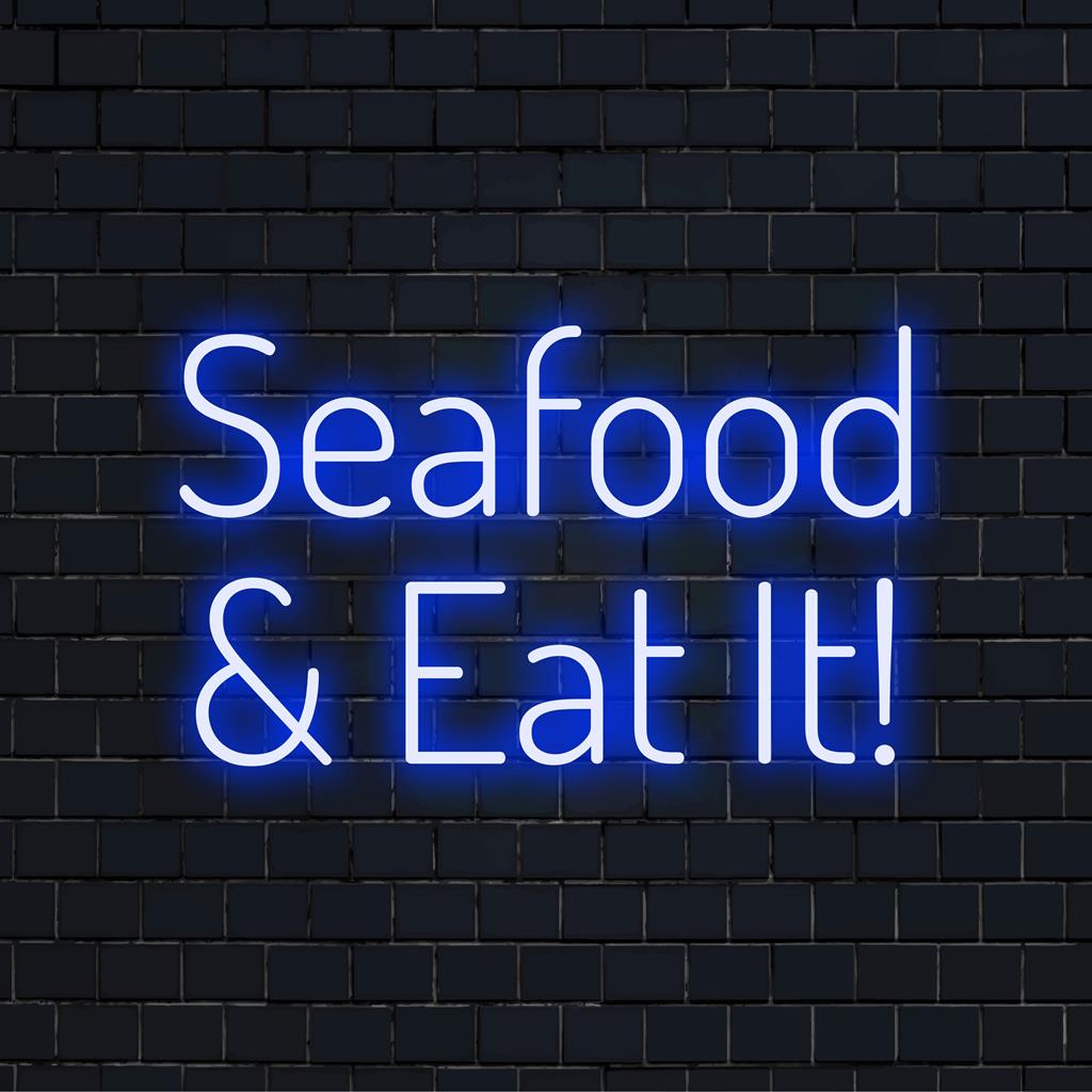 Letreiro de neon LED vibrante com os dizeres "Frutos do Mar e Coma!", perfeito para adicionar um toque de humor e estilo a qualquer espaço.