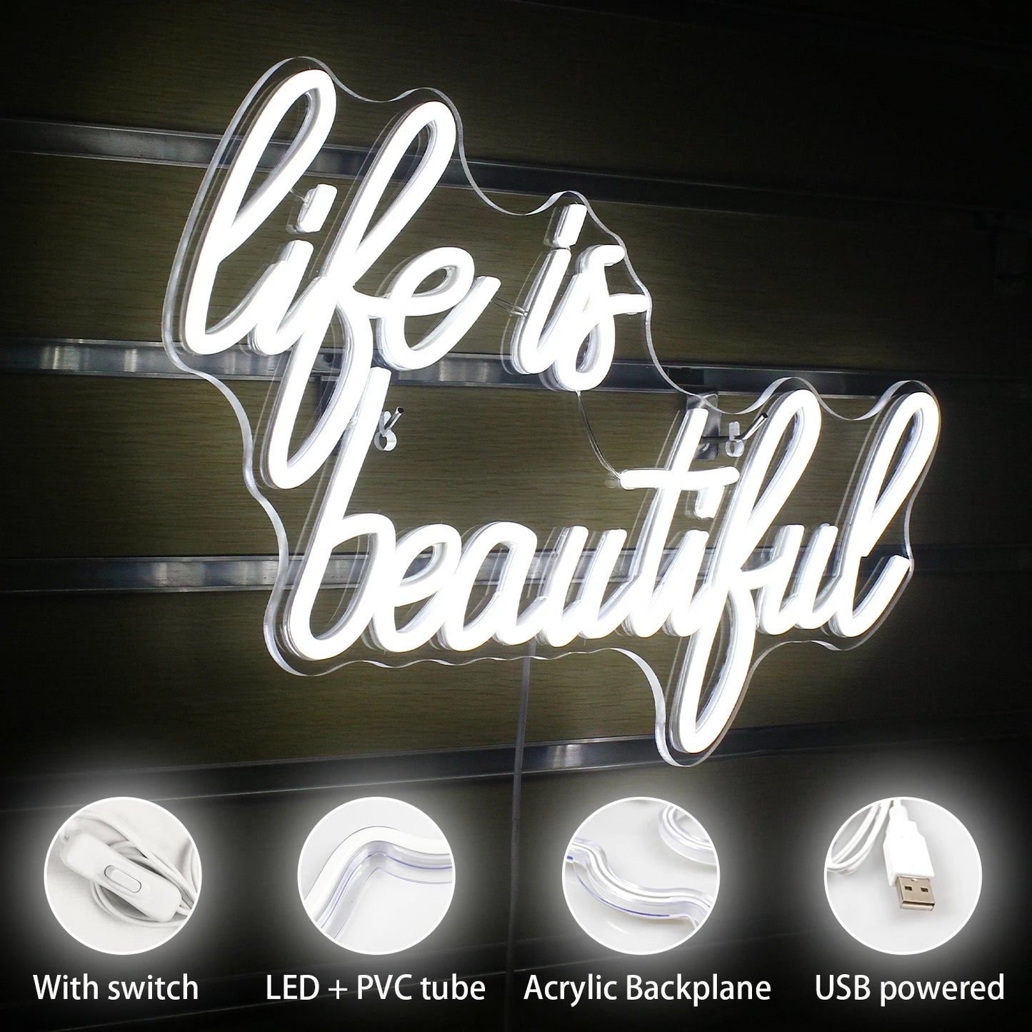 Letreiro de LED "A Vida é Bela" 5V USB - Econômico
