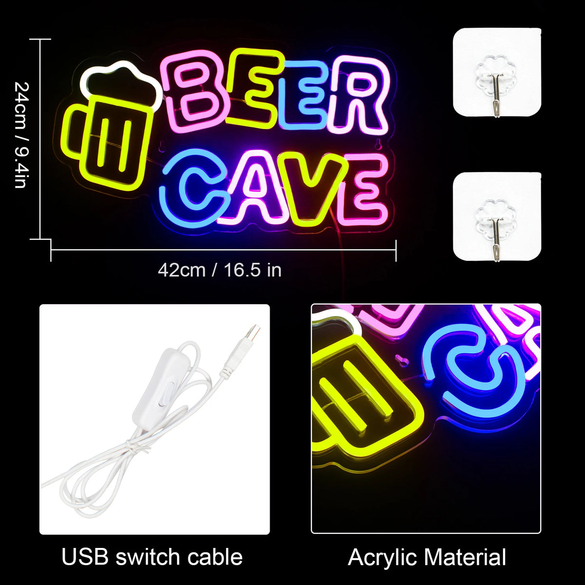Beer Cave – Caneca de cerveja – reclame luminoso em néon LED (5 V USB)