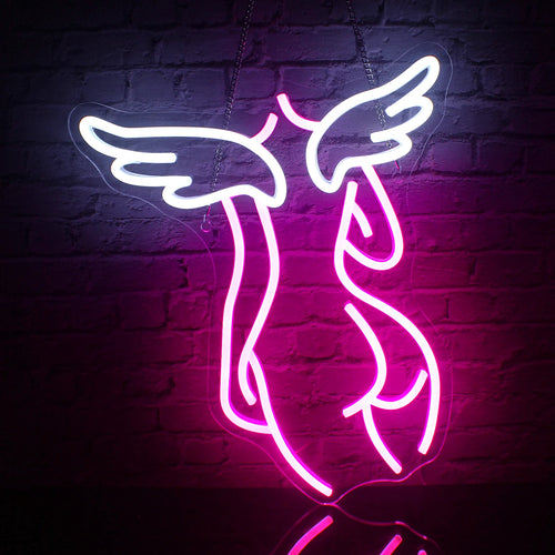 Um letreiro de LED neon em forma de anjo, elegante e chamativo, com um contorno luminoso e minimalista de um anjo com asas.