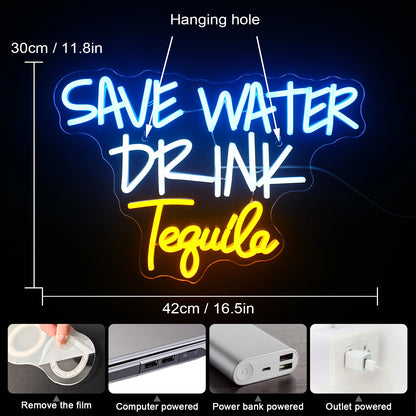 Economize Água Beba Tequila 5V Letreiro de LED USB - Econômico