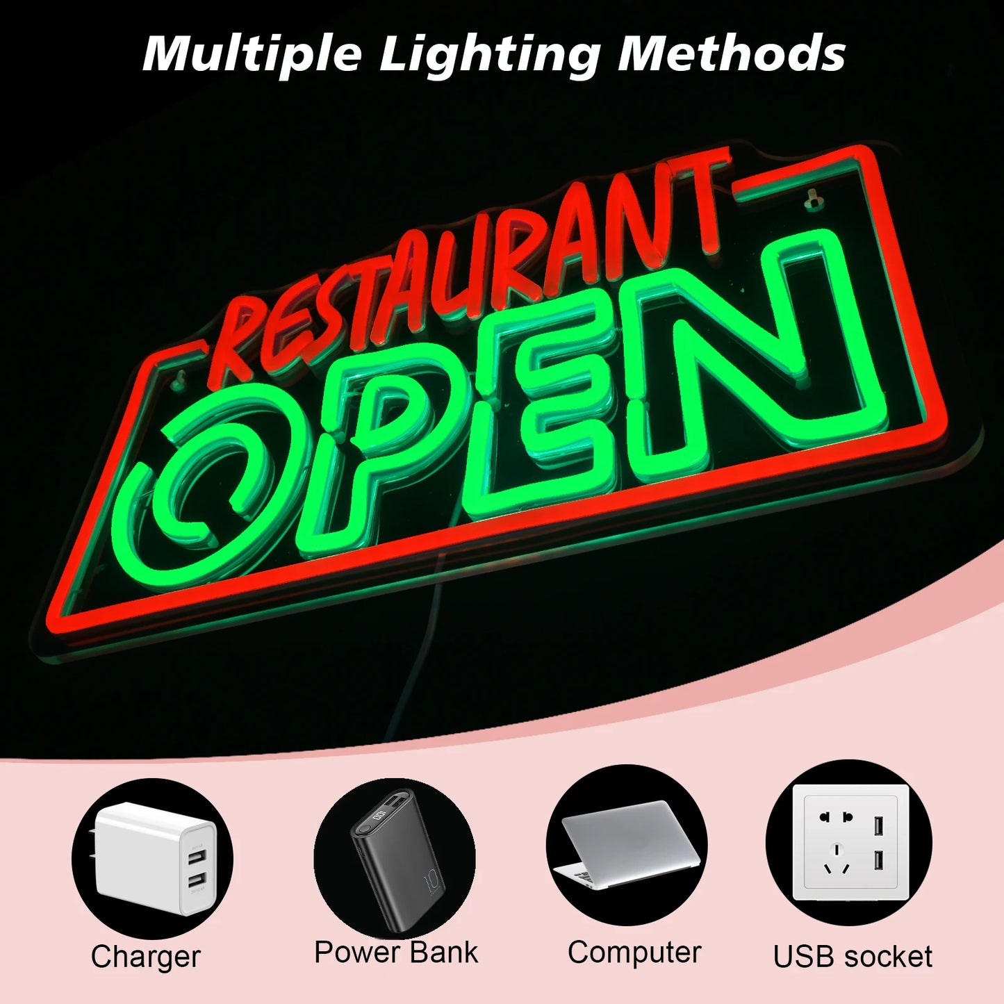 Letreiro de LED "RESTAURANTE ABERTO" 5V USB - Econômico