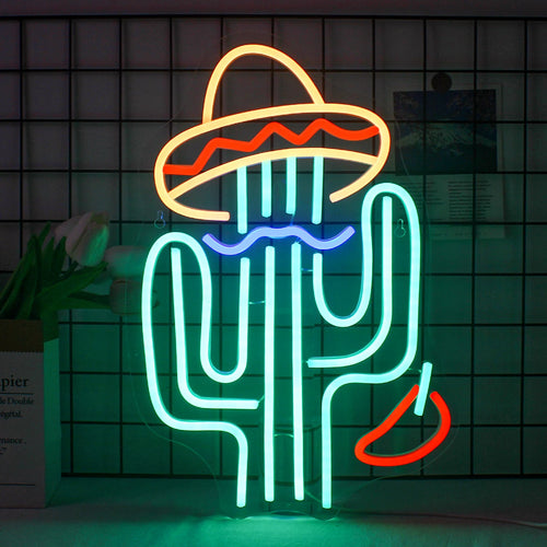 Um letreiro de LED neon vibrante em formato de cacto.