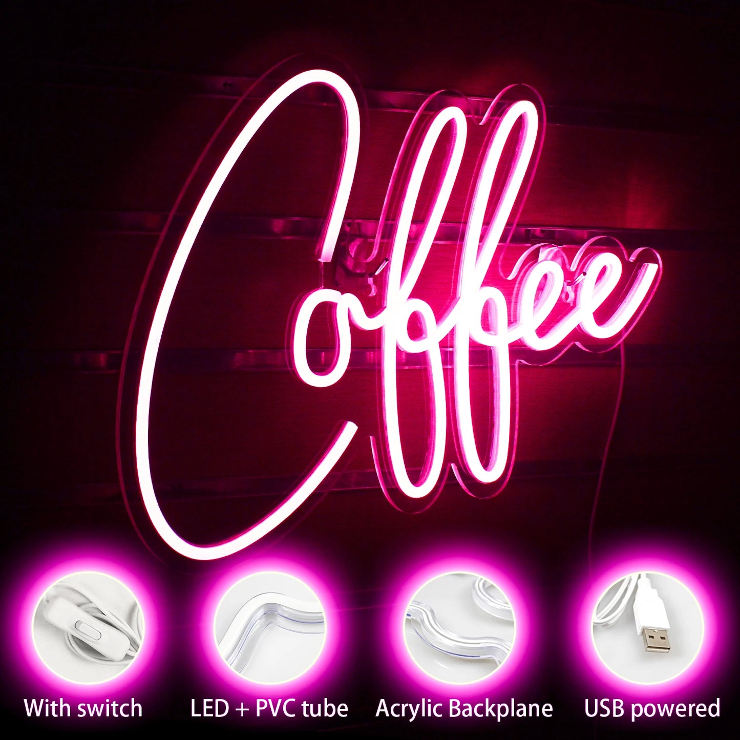 Letreiro de LED Rosa em Formato de Café 5V USB - Econômico
