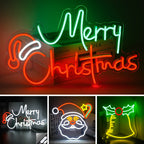 The image features a vibrant LED neon sign displaying the words "Merry Christmas" in a classic cursive font.