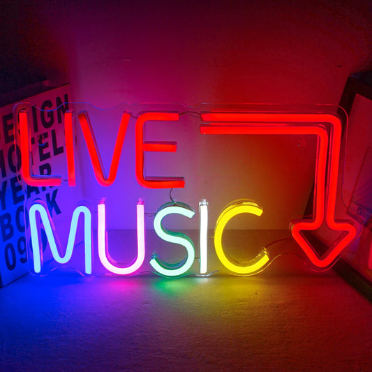 The image features a vibrant LED neon sign that reads "Live Music" in bold, cursive typography.
