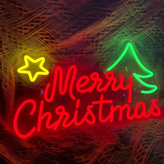 The image features a vibrant "Merry Christmas" LED neon sign.