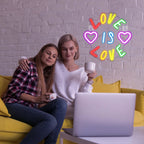 LOVE IS LOVE – Corações e letras coloridas – letreiro de néon LED (5 V USB)