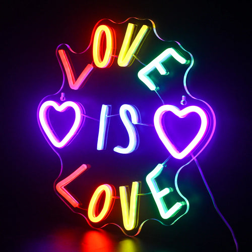 LOVE IS LOVE – Corações e letras coloridas – letreiro de néon LED (5 V USB)