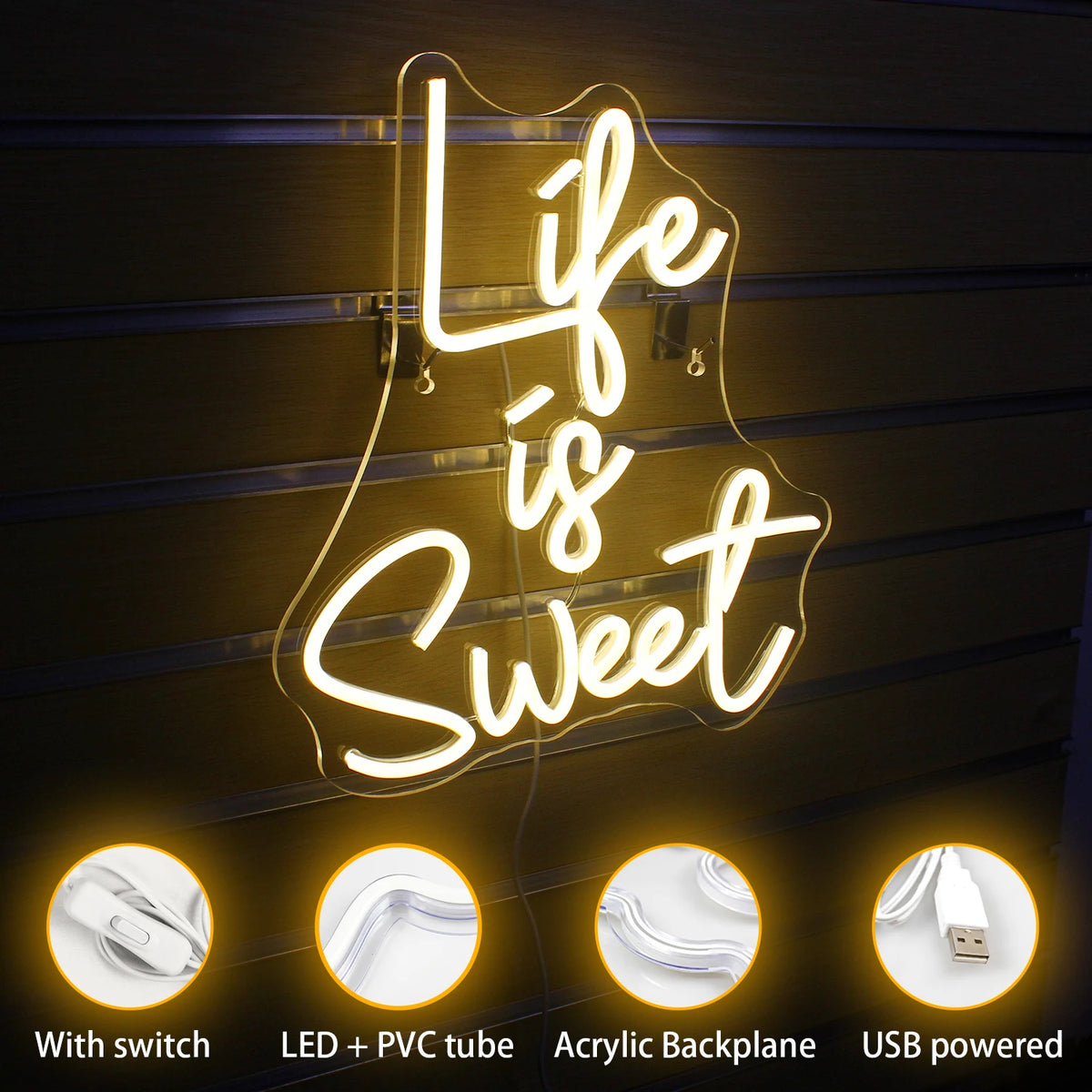 Life is Sweet – reclame luminoso em néon LED (5 V USB)