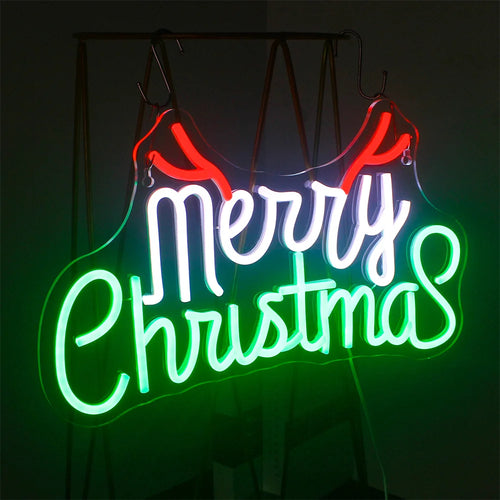 Merry Christmas – Letras verdes e vermelhas com hastes – letreiro de néon LED (5 V USB)