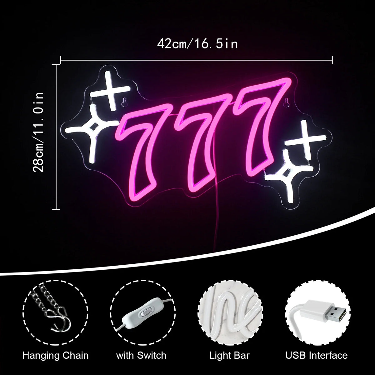 777 – Número da sorte e estrelas – letreiro de néon LED (5 V USB)