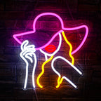 Um letreiro de LED neon vibrante projetado no formato de um chapéu de cowboy clássico.