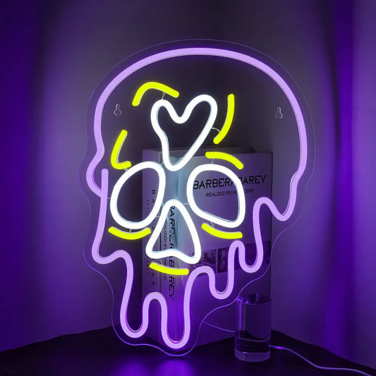 A vibrant LED neon sign in the shape of a skeleton.