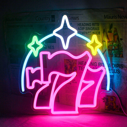 The image displays a vibrant and eye-catching LED neon sign featuring the word "Luck" in a stylized, cursive font.
