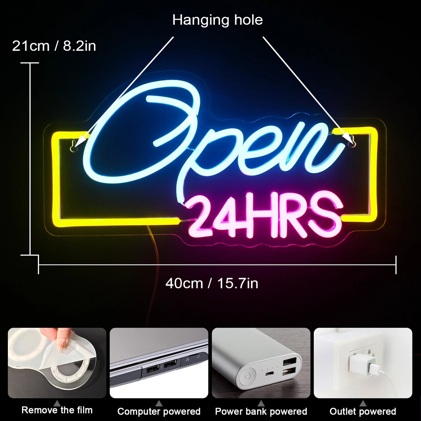 24HRS Open 5V USB LED Neon Sign - Budget Friendly